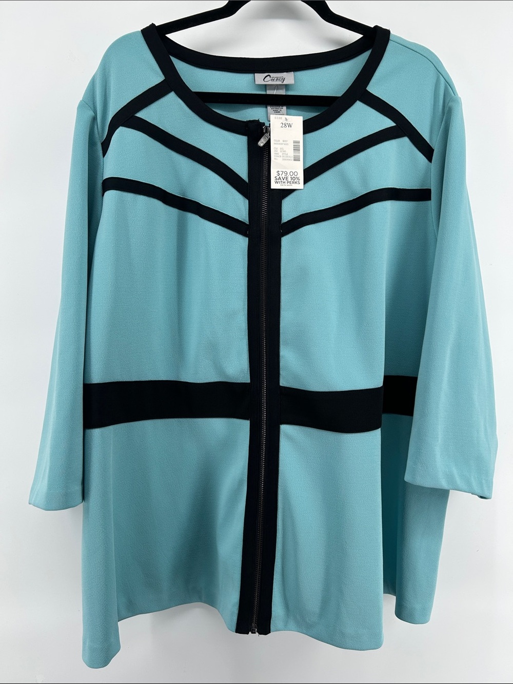 Catherines Curvy Collection Full Zip DressJacket Aqua Blue/Black Women's 28W NWT